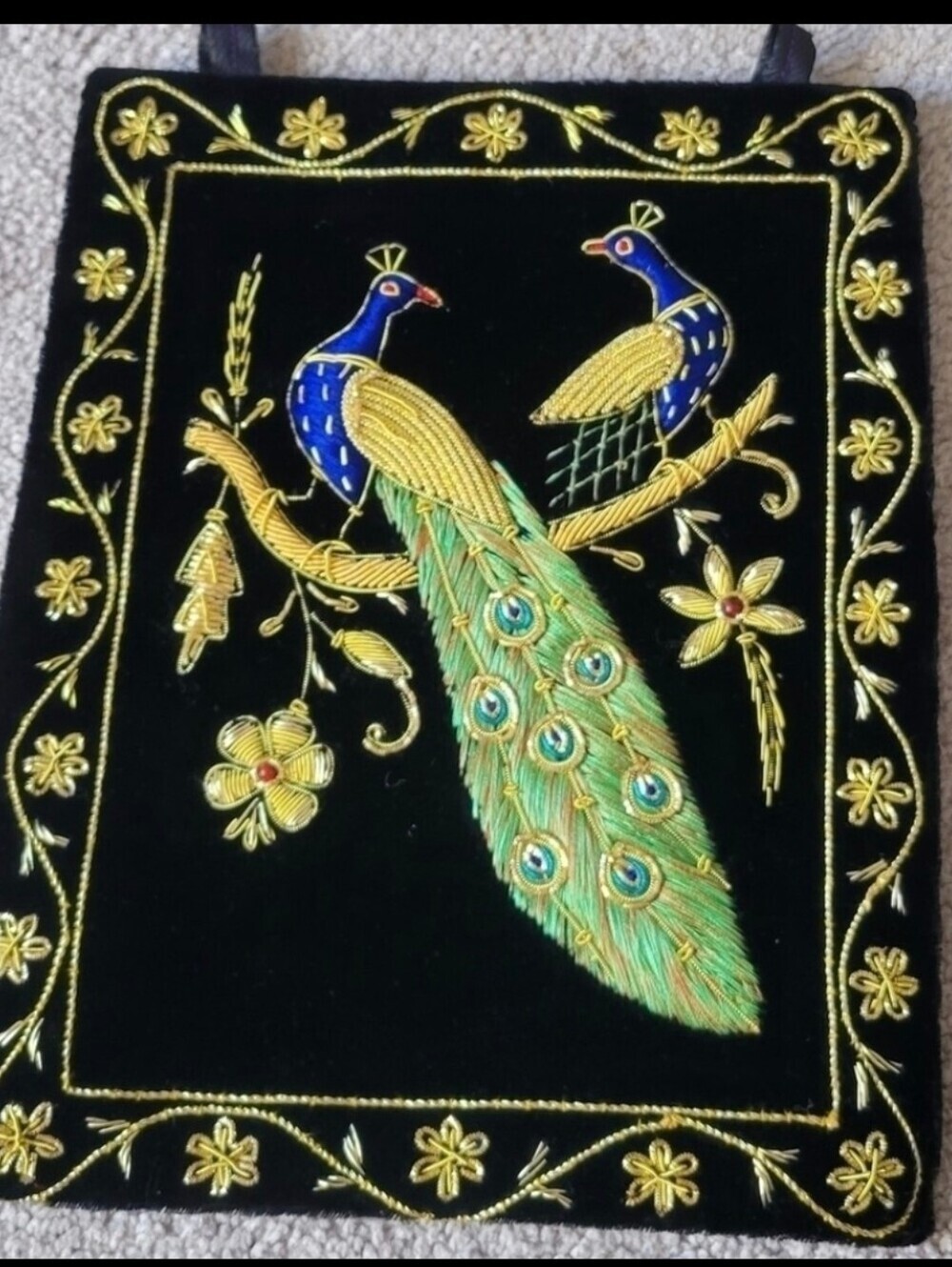 Hand-Embroidered Black Peacock Wall Hanging - Bohemiaan Decor